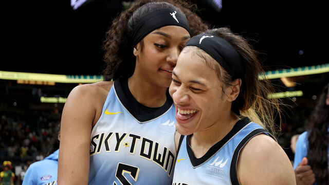 SEATTLE, WASHINGTON - JULY 05: Angel Reese #5 and Chennedy Carter #7 of the Chicago Sky celebrate their 88-84 win against the Seattle Storm at Climate Pledge Arena on July 05, 2024 in Seattle, Washington.