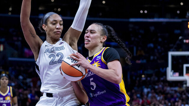 LOS ANGELES, CA - JULY 5: Dearica Hamby #5 of the Los Angeles Sparks goes to the basket during the game against the Las Vegas Aces on July 5,2024 at Crypto.com Arena in Los Angeles, California. NOTE TO USER: User expressly acknowledges and agrees that, by downloading and/or using this Photograph, user is consenting to the terms and conditions of the Getty Images License Agreement. Mandatory Copyright Notice: Copyright 2024 NBAE