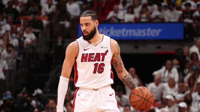 MIAMI, FL - APRIL 27: Caleb Martin #16 of the Miami Heat handles the ball during the game against the Boston Celtics during Round 1 Game 3 of the 2024 NBA Playoffs on April 27, 2024 at Kaseya Center in Miami, Florida. Mandatory Copyright Notice: Copyright 2024 NBAE