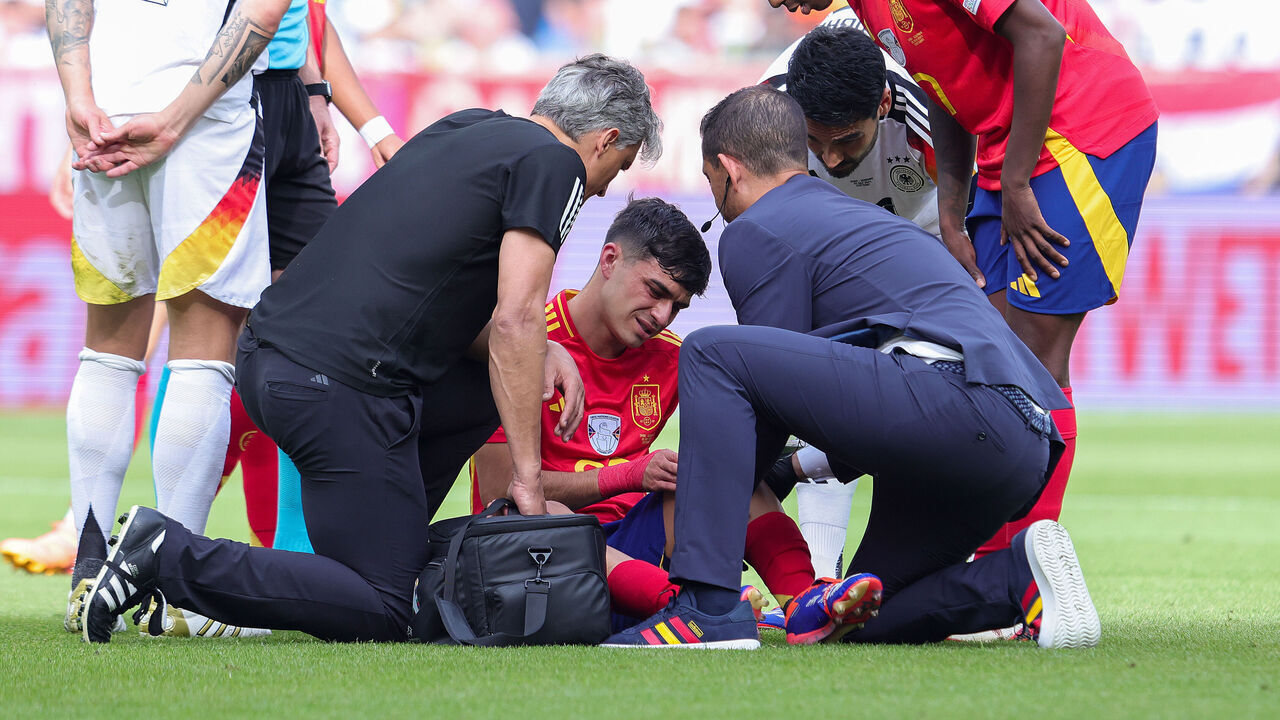 STUTTGART, GERMANY - JULY 5: Pedri of Spain injured during the UEFA EURO 2024 quarter-final match between Spain and Germany at Stuttgart Arena on July 5, 2024 in Stuttgart, Germany.