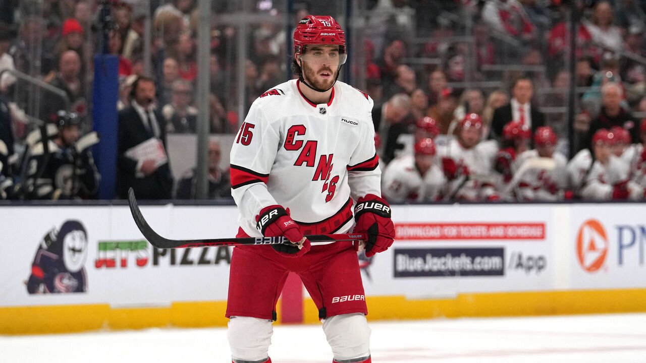 COLUMBUS, OHIO - APRIL 16: Dylan Coghlan #15 of the Carolina Hurricanes skates during the first period against the Columbus Blue Jackets at Nationwide Arena on April 16, 2024 in Columbus, Ohio.