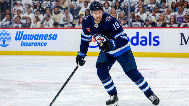 WINNIPEG, CANADA - APRIL 30: David Gustafsson #19 of the Winnipeg Jets skates during second period action against the Colorado Avalanche in Game Five of the First Round of the 2024 Stanley Cup Playoffs at Canada Life Centre on April 30, 2024 in Winnipeg, Manitoba, Canada.
