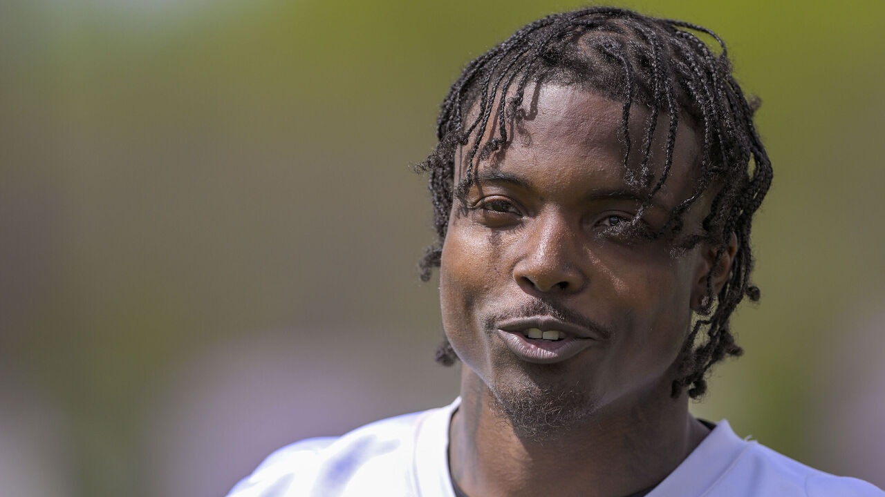 EAGAN, MN - MAY 10: Minnesota Vikings cornerback Khyree Jackson (31) talks with the media during Minnesota Vikings Rookie Camp on May 10, 2024, at TCO Performance Center in Eagan, MN.