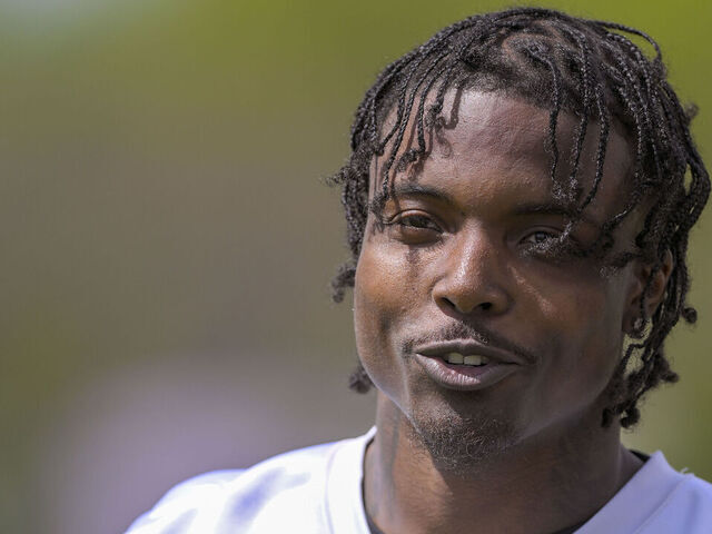 EAGAN, MN - MAY 10: Minnesota Vikings cornerback Khyree Jackson (31) talks with the media during Minnesota Vikings Rookie Camp on May 10, 2024, at TCO Performance Center in Eagan, MN.