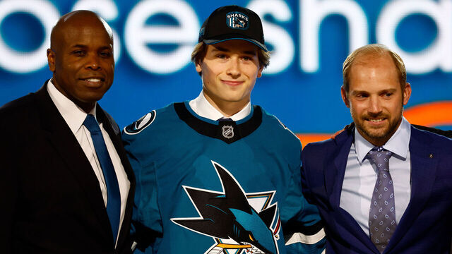 PARADISE, NV - JUNE 28: Macklin Celebrini of Boston University is drafted by the San Jose Sharks in the first round during the NHL Draft on June 28, 2024 at the Sphere in Las Vegas, Nevada.