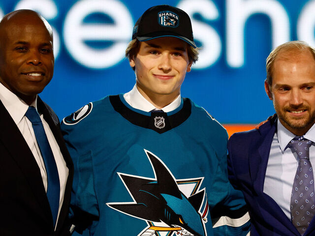 PARADISE, NV - JUNE 28: Macklin Celebrini of Boston University is drafted by the San Jose Sharks in the first round during the NHL Draft on June 28, 2024 at the Sphere in Las Vegas, Nevada.