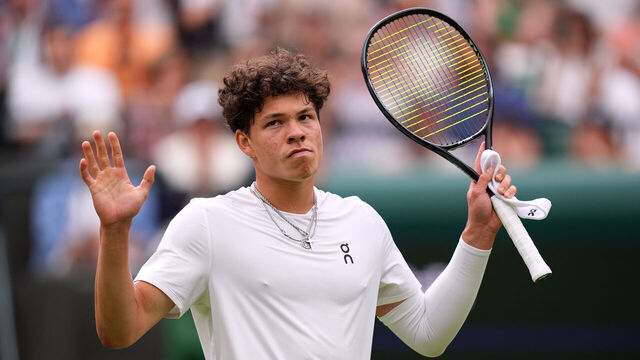 Ben Shelton celebrates beating Denis Shapovalov (not pictured) on day six of the 2024 Wimbledon Championships at the All England Lawn Tennis and Croquet Club, London. Picture date: Saturday July 6, 2024.