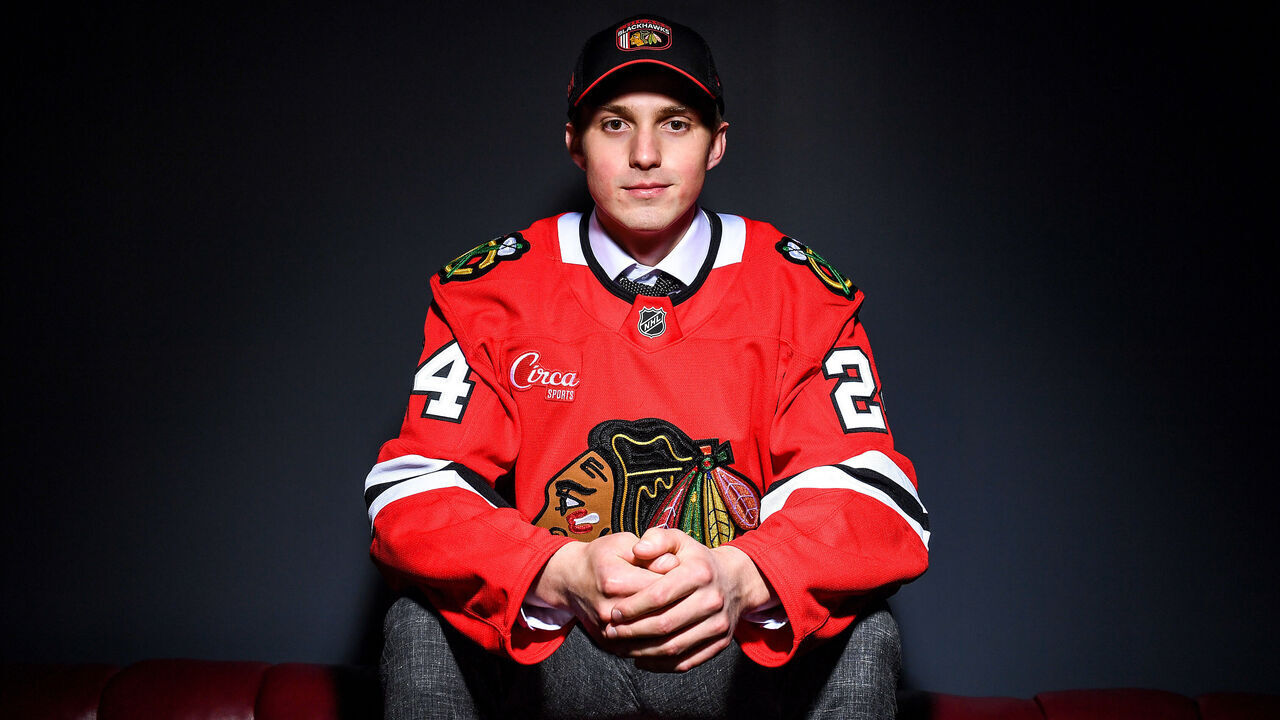LAS VEGAS, NEVADA - JUNE 28: Artyom Levshunov poses for a portrait after being drafted by the Chicago Blackhawks with the second overall pick during the 2024 Upper Deck NHL Draft at Sphere on June 28, 2024 in Las Vegas, Nevada.