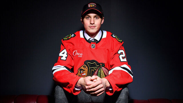 LAS VEGAS, NEVADA - JUNE 28: Artyom Levshunov poses for a portrait after being drafted by the Chicago Blackhawks with the second overall pick during the 2024 Upper Deck NHL Draft at Sphere on June 28, 2024 in Las Vegas, Nevada.