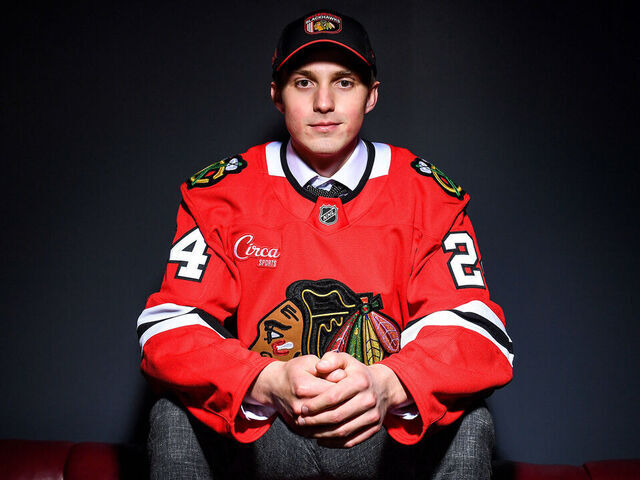 LAS VEGAS, NEVADA - JUNE 28: Artyom Levshunov poses for a portrait after being drafted by the Chicago Blackhawks with the second overall pick during the 2024 Upper Deck NHL Draft at Sphere on June 28, 2024 in Las Vegas, Nevada.