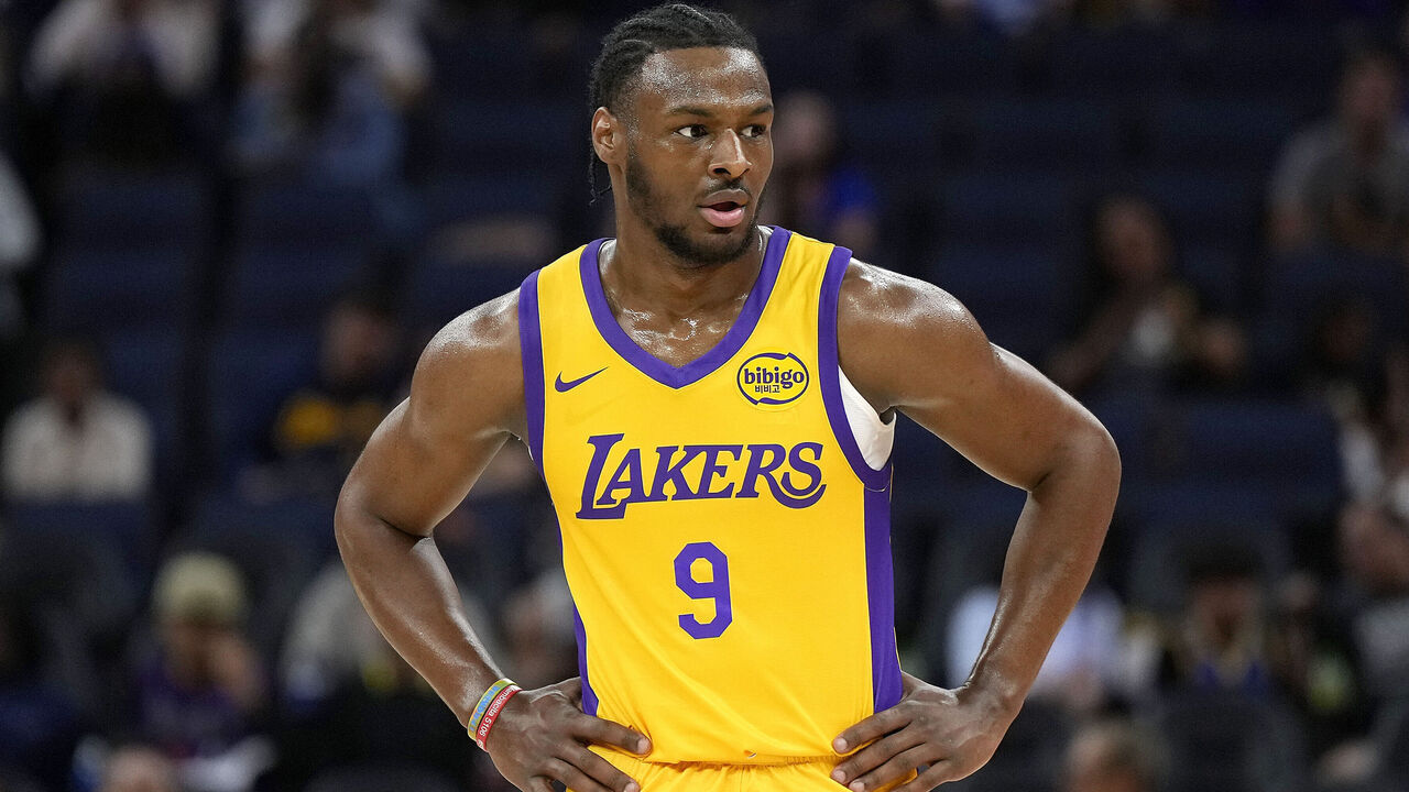 SAN FRANCISCO, CALIFORNIA - JULY 06: Bronny James Jr. #9 of the Los Angeles Lakers looks on against the Sacramento Kings during the first half of the 2024 California Classic summer league game at Chase Center on July 06, 2024 in San Francisco, California.