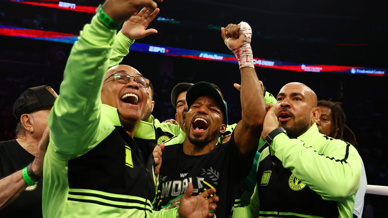NEWARK, NEW JERSEY - JULY 06: Robson Conceicao of Brazil reacts with his team after defeating O'Shaquie Foster (not pictured) by split decision during their WBC Jr. Lightweight World Title fight at Prudential Center on July 06, 2024 in Newark, New Jersey.