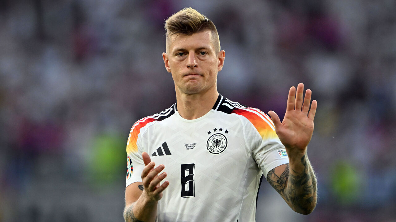 05 July 2024, Baden-Württemberg, Stuttgart: Soccer, UEFA Euro 2024, European Championship, Spain - Germany, final round, quarter-final, Stuttgart Arena, Germany's Toni Kroos stands on the pitch after the match. Photo: Federico Gambarini/dpa