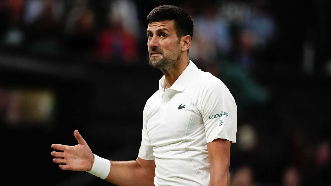 Novak Djokovic during his match against Alexei Popyrin (not pictured) on day six of the 2024 Wimbledon Championships at the All England Lawn Tennis and Croquet Club, London. Picture date: Saturday July 6, 2024.