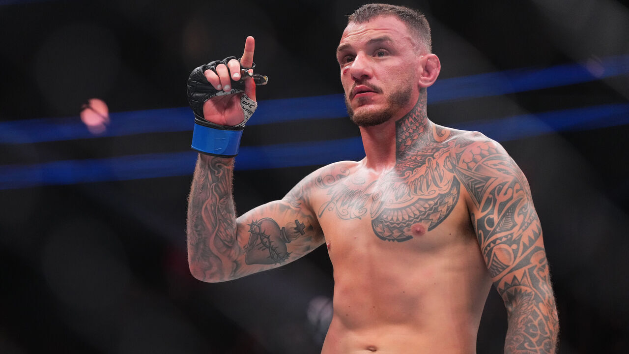 LAS VEGAS, NEVADA - APRIL 13: Renato Moicano of Brazil reacts to his win in a lightweight fight during the UFC 300 event at T-Mobile Arena on April 13, 2024 in Las Vegas, Nevada.