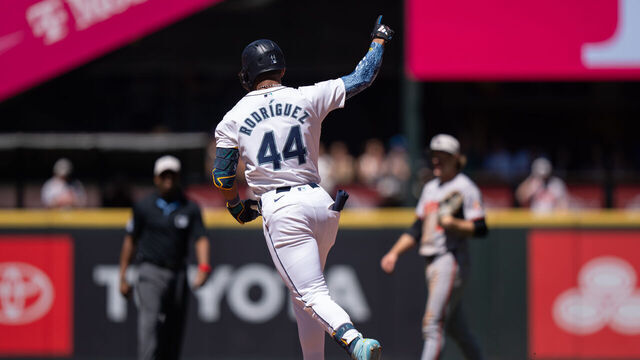 SEATTLE, WA - JULY 04: Julio Rodriguez #44 of the Seattle Mariners celebrates after hitting a solo home run during the fifth inning of a game against the Baltimore Orioles at T-Mobile Park on July 4, 2024 in Seattle, Washington.