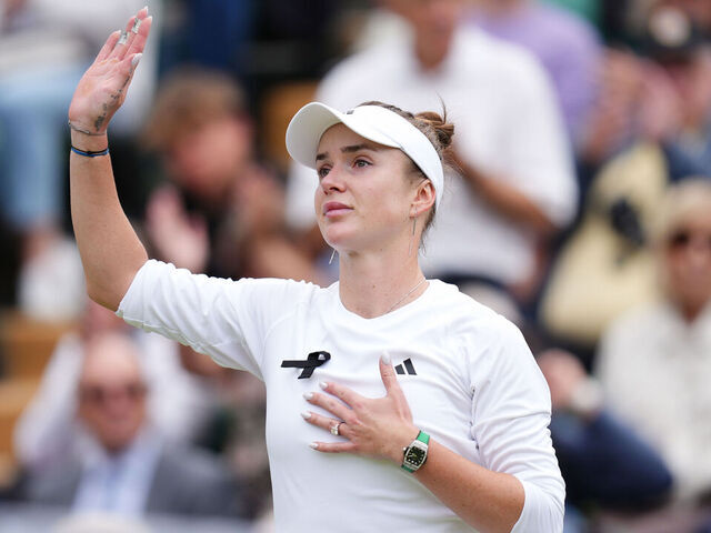 Elina Svitolina gestures after winning their match against Xinyu Wang (not pictured) on day eight of the 2024 Wimbledon Championships at the All England Lawn Tennis and Croquet Club, London. Picture date: Monday July 8, 2024.