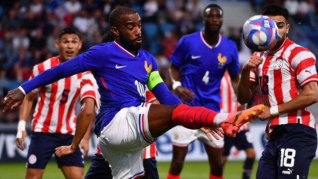 France's forward #10 Alexandre Lacazette shoots the ball during the U23 friendly football match between France and Paraguay at Jean Dauger stadium in Bayonne, southwestern France, on July 4, 2024, in preparation for the Paris 2024 Olympic Games.