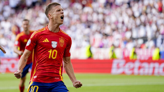 STUTTGART, GERMANY - JULY 5: Dani Olmo of Spain celebrates after scoring his team's first goal during the UEFA EURO 2024 quarter-final match between Spain and Germany at Stuttgart Arena on July 5, 2024 in Stuttgart, Germany.