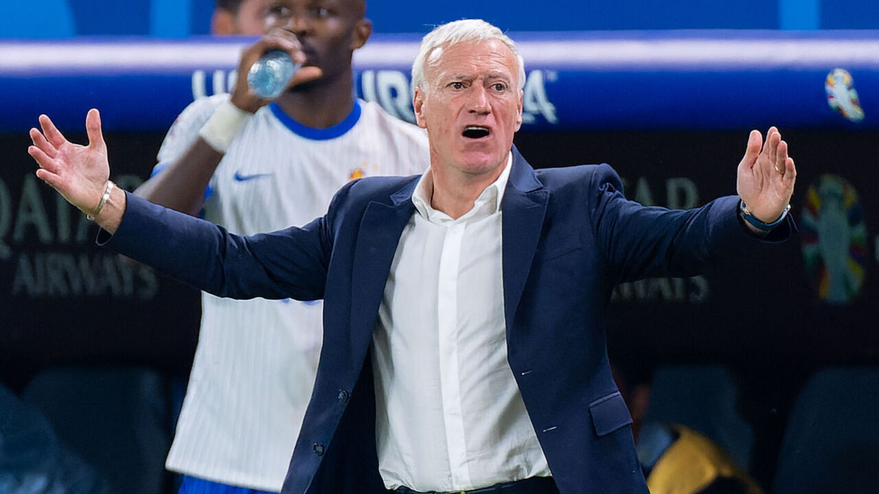 HAMBURG, GERMANY - JULY 5: Coach Didier Deschamps of France reacts during the Quarter-Final - UEFA EURO 2024 match between Portugal and France at Volksparkstadion on July 5, 2024 in Hamburg, Germany.