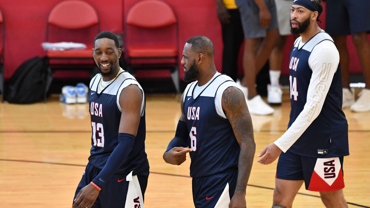LAS VEGAS, NV - JULY 7: Bam Adebayo #13 and LeBron James #6 of the USA Basketball Men's Team smiles during USAB Men's Training Camp in Las Vegas on July 7, 2024 in Las Vegas Nevada. NOTE TO USER: User expressly acknowledges and agrees that, by downloading and/or using this Photograph, user is consenting to the terms and conditions of the Getty Images License Agreement. Mandatory Copyright Notice: Copyright 2024 NBAE