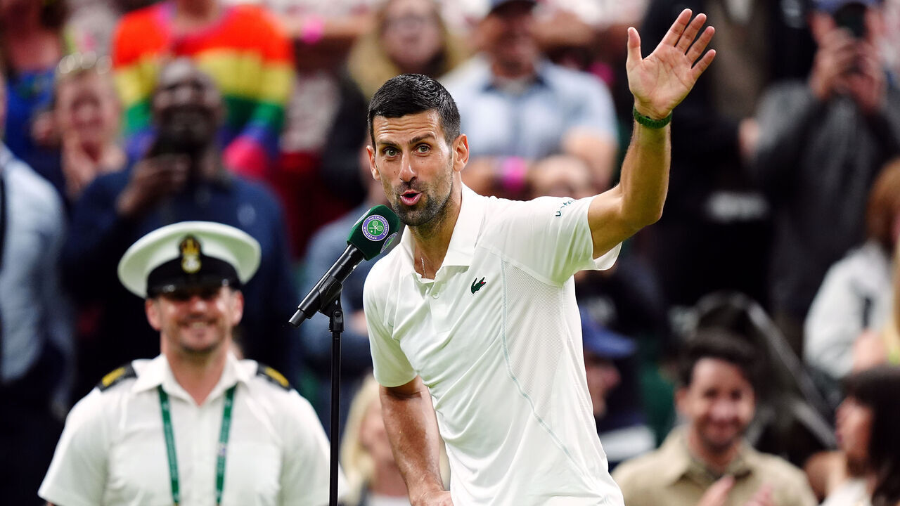 Novak Djokovic is interviewed on court after beating Holger Rune on day eight of the 2024 Wimbledon Championships at the All England Lawn Tennis and Croquet Club, London. Picture date: Monday July 8, 2024.