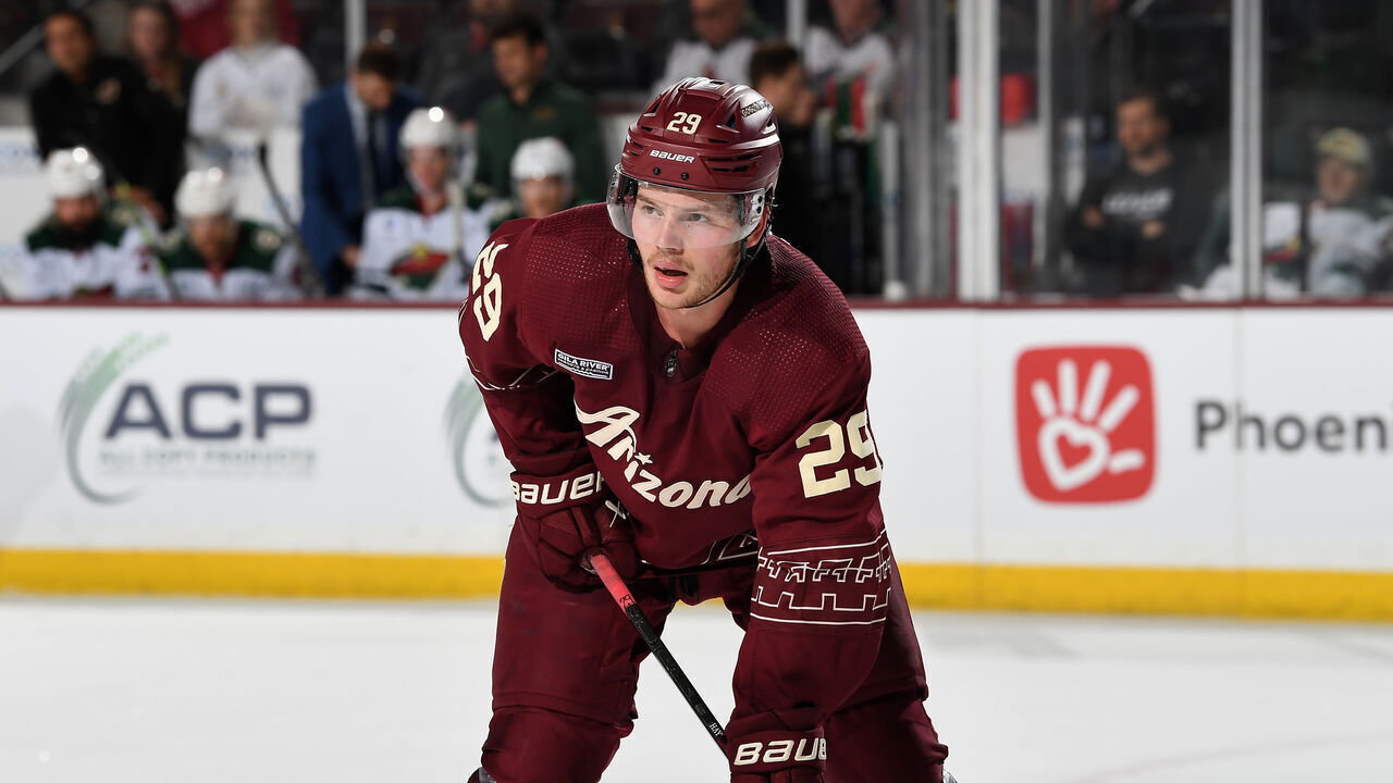 TEMPE, ARIZONA - MARCH 07: Barrett Hayton #29 of the Arizona Coyotes gets ready during a face off against the Minnesota Wild at Mullett Arena on March 07, 2024 in Tempe, Arizona.