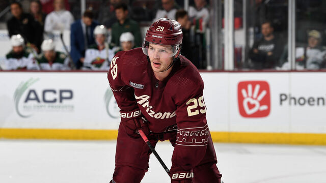 TEMPE, ARIZONA - MARCH 07: Barrett Hayton #29 of the Arizona Coyotes gets ready during a face off against the Minnesota Wild at Mullett Arena on March 07, 2024 in Tempe, Arizona.