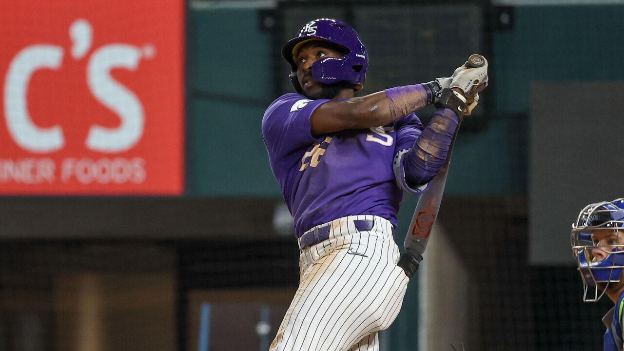 ARLINGTON, TX - MAY 21: Kansas State infielder Kaelen Culpepper (22) watches his fly ball for the final out of the 2024 Phillips 66 Big 12 Baseball Championship game between Kansas and Kansas State on May 21, 2024, at Globe Life Field in Arlington, TX.