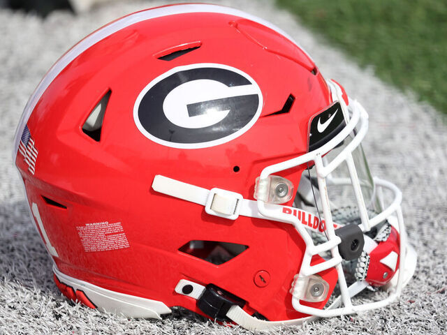 MOBILE, AL - FEBRUARY 01: A general view of a Georgia Bulldogs helmet during the American team practice for the Reese's Senior Bowl on February 1, 2024 at Hancock Whitney Stadium in Mobile, Alabama.