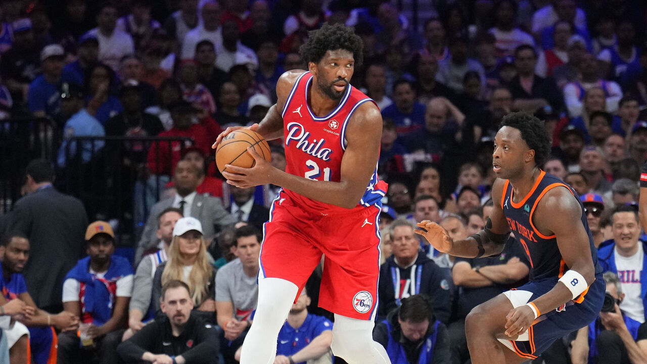 PHILADELPHIA, PA - APRIL 28: Joel Embiid #21 of the Philadelphia 76ers looks to pass the ball during the game against the New York Knicks during Round 1 Game 4 of the 2024 NBA Playoffs on April 28, 2024 at the Wells Fargo Center in Philadelphia, Pennsylvania NOTE TO USER: User expressly acknowledges and agrees that, by downloading and/or using this Photograph, user is consenting to the terms and conditions of the Getty Images License Agreement. Mandatory Copyright Notice: Copyright 2024 NBAE