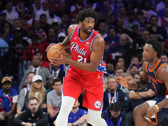 PHILADELPHIA, PA - APRIL 28: Joel Embiid #21 of the Philadelphia 76ers looks to pass the ball during the game against the New York Knicks during Round 1 Game 4 of the 2024 NBA Playoffs on April 28, 2024 at the Wells Fargo Center in Philadelphia, Pennsylvania NOTE TO USER: User expressly acknowledges and agrees that, by downloading and/or using this Photograph, user is consenting to the terms and conditions of the Getty Images License Agreement. Mandatory Copyright Notice: Copyright 2024 NBAE