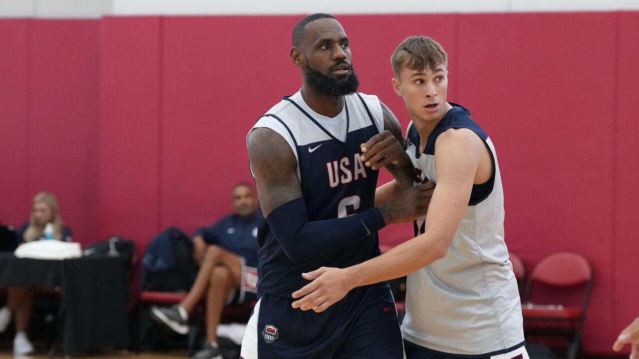 LAS VEGAS, NV - JULY 7: LeBron James #6 and Cooper Flagg #31 of the USA Basketball Men's Team look on during USAB Men's Training Camp in Las Vegas on July 7, 2024 in Las Vegas Nevada. NOTE TO USER: User expressly acknowledges and agrees that, by downloading and/or using this Photograph, user is consenting to the terms and conditions of the Getty Images License Agreement. Mandatory Copyright Notice: Copyright 2024 NBAE