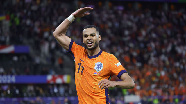 BERLIN, GERMANY - JULY 6: Cody Gakpo of Netherlands celebrates the victory after the UEFA EURO 2024 quarter-final match between Netherlands and Türkiye at Olympiastadion on July 6, 2024 in Berlin, Germany.