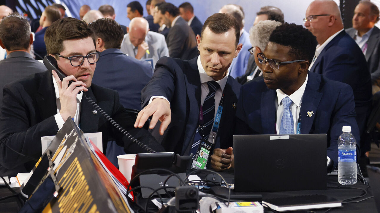 LAS VEGAS, NEVADA - JUNE 29: Members of the Pittsburgh Penguins during the 2024 Upper Deck NHL Draft at Sphere on June 29, 2024 in Las Vegas, Nevada.