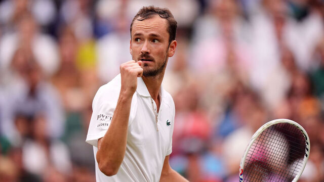 Daniil Medvedev celebrates winning the third set against Jannik Sinner on day nine of the 2024 Wimbledon Championships at the All England Lawn Tennis and Croquet Club, London. Picture date: Tuesday July 9, 2024.