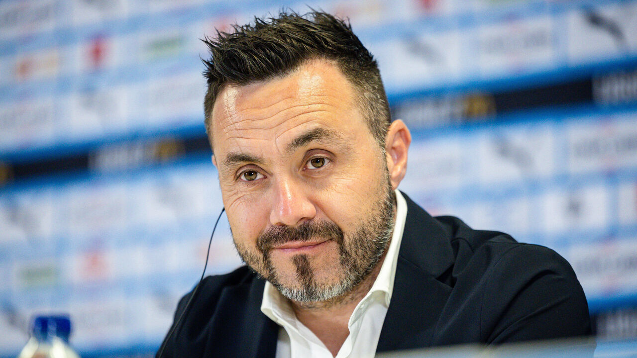 Marseille's newly recruited Italian head coach Roberto De Zerbi addresses a press conference for his arrival at the Olympique de Marseille (OM) football club at the Velodrome Stadium in Marseille, southern France, on July 9, 2024.