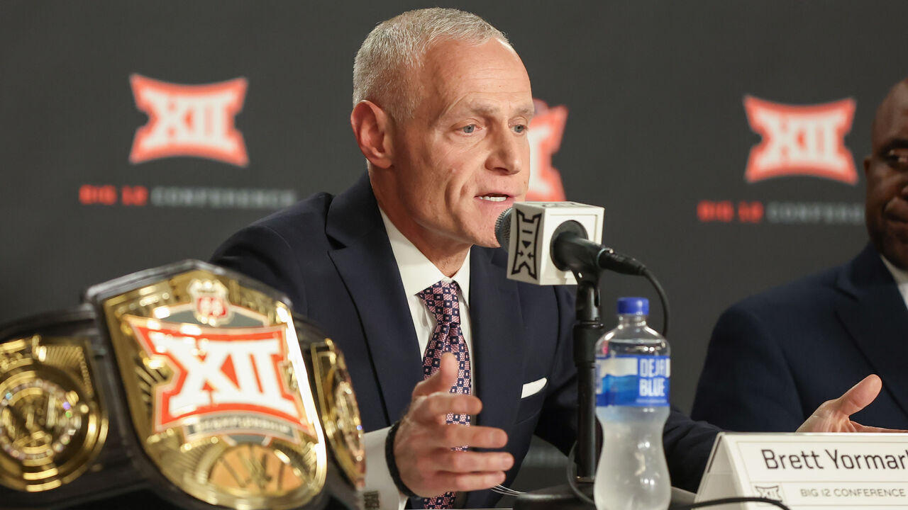 KANSAS CITY, MO - MARCH 12: Big 12 Commissioner Brett Yormark speaks at a press conference before the women's Big 12 tournament final between the Iowa State Cyclones and Texas Longhorns on Mar 12, 2024 at T-Mobile Center in Kansas City, MO.