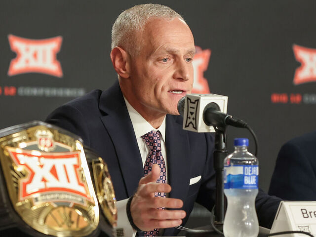 KANSAS CITY, MO - MARCH 12: Big 12 Commissioner Brett Yormark speaks at a press conference before the women's Big 12 tournament final between the Iowa State Cyclones and Texas Longhorns on Mar 12, 2024 at T-Mobile Center in Kansas City, MO.