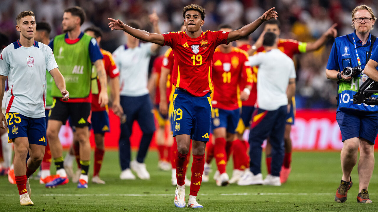 MUNICH, GERMANY - JULY 09: Lamine Yamal of Spain celebrates victory after the UEFA EURO 2024 semi-final match between Spain v France at Munich Football Arena on July 09, 2024 in Munich, Germany.