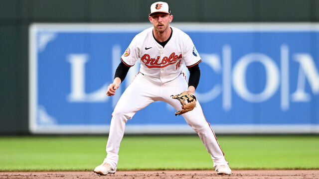 BALTIMORE, MARYLAND - JUNE 30: Jordan Westburg #11 of the Baltimore Orioles plays third base against the Texas Rangers at Oriole Park at Camden Yards on June 30, 2024 in Baltimore, Maryland.
