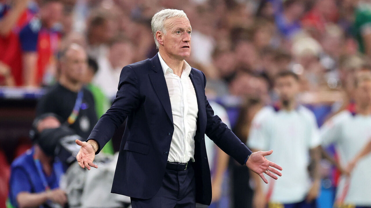 MUNICH, GERMANY - JULY 09: Didier Deschamps, Head Coach of France, reacts during the UEFA EURO 2024 Semi-Final match between Spain and France at Munich Football Arena on July 09, 2024 in Munich, Germany.