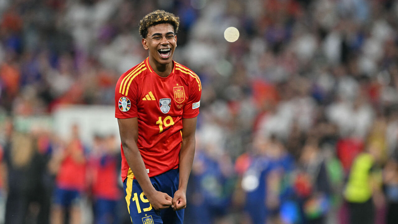 Spain's forward #19 Lamine Yamal celebrates at the end of the UEFA Euro 2024 semi-final football match between Spain and France at the Munich Football Arena in Munich on July 9, 2024.