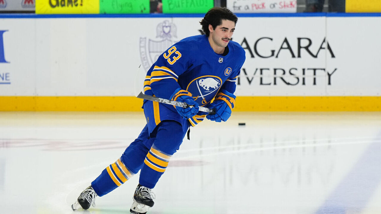 BUFFALO, NEW YORK - NOVEMBER 10: Matt Savoie #93 of the Buffalo Sabres takesa solo lap prior to playing in his first NHL game against the Minnesota Wild on November 10, 2023 at KeyBank Center in Buffalo, New York.