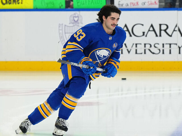 BUFFALO, NEW YORK - NOVEMBER 10: Matt Savoie #93 of the Buffalo Sabres takesa solo lap prior to playing in his first NHL game against the Minnesota Wild on November 10, 2023 at KeyBank Center in Buffalo, New York.