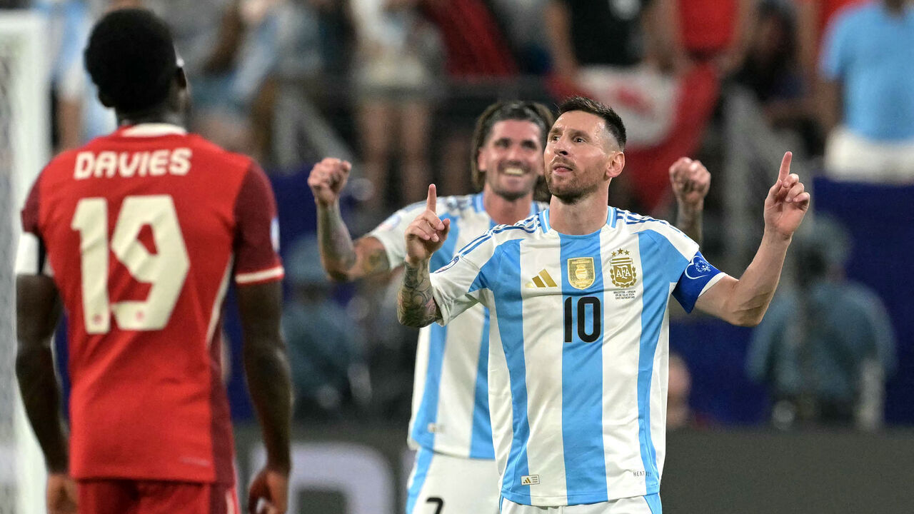 Argentina's forward #10 Lionel Messi celebrates scoring his team's second goal during the Conmebol 2024 Copa America tournament semi-final football match between Argentina and Canada at MetLife Stadium, in East Rutherford, New Jersey on July 9, 2024.