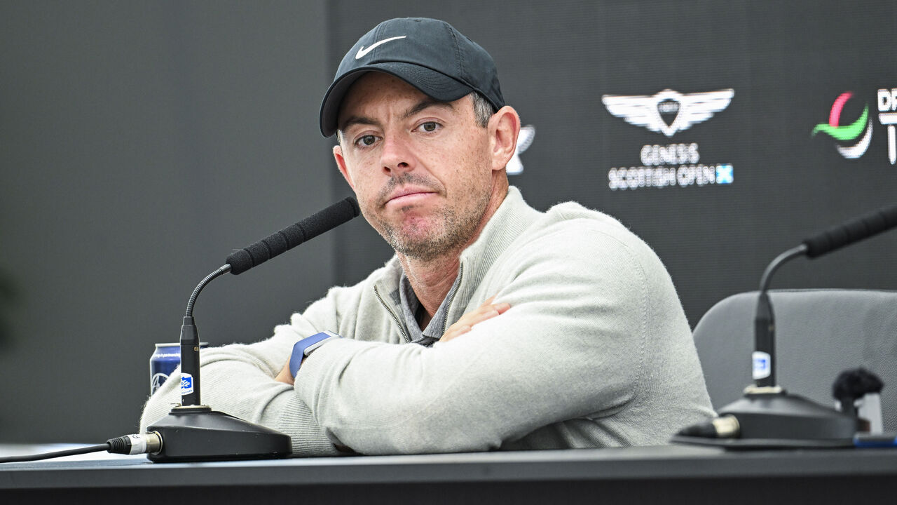 NORTH BERWICK, SCOTLAND - JULY 10: Rory McIlroy of Northern Ireland listens during a press conference prior to the Genesis Scottish Open at The Renaissance Club on July 10, 2024 in North Berwick, Scotland.