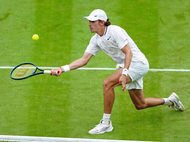 Alex de Minaur in action against Arthur Fils (not pictured) on day eight of the 2024 Wimbledon Championships at the All England Lawn Tennis and Croquet Club, London. Picture date: Monday July 8, 2024.