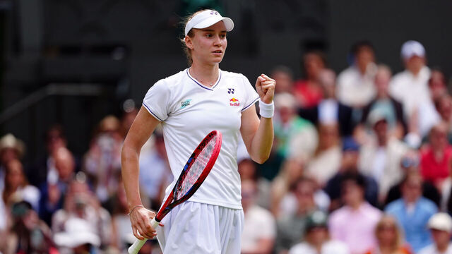 Elena Rybakina celebrates beating Elina Svitolina on day ten of the 2024 Wimbledon Championships at the All England Lawn Tennis and Croquet Club, London. Picture date: Wednesday July 10, 2024.