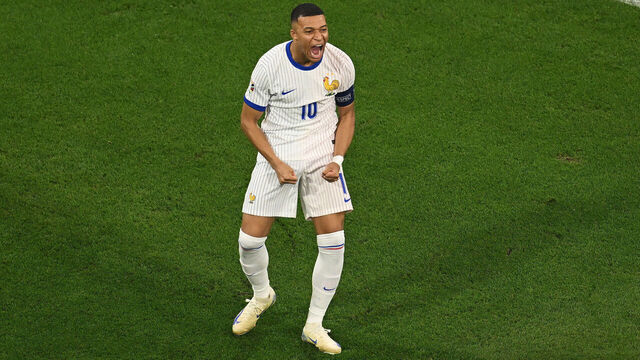 MUNICH, GERMANY - JULY 09: Kylian Mbappe of France celebrates after Randal Kolo Muani of France (not pictured) scores his team's first goal during the UEFA EURO 2024 Semi-Final match between Spain and France at Munich Football Arena on July 09, 2024 in Munich, Germany.